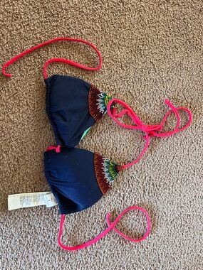 Hollister Navy Bikini Top with Pink Straps and Multicolor Bead Accents